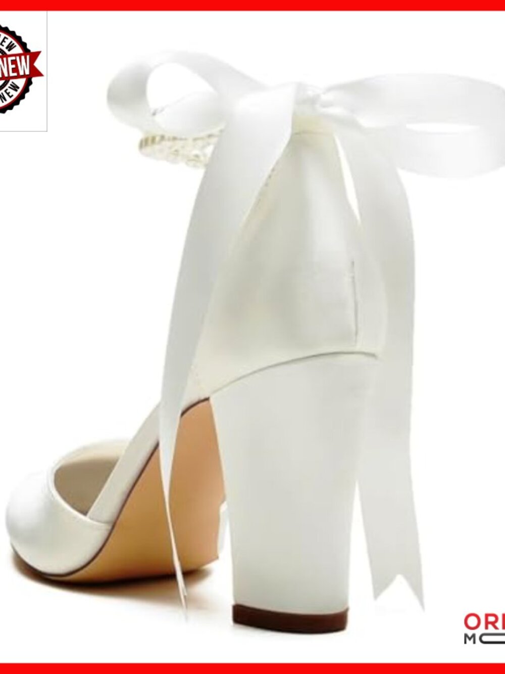Satin Block Heel Wedding Shoes Pointed Toe Pearl Ankle Strap Heels - Picture 5 of 7